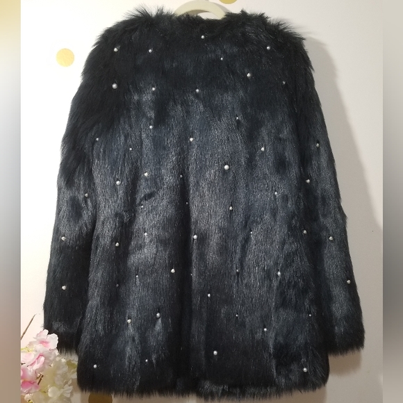 L'Eclipse Navy Blue Vegan Faux FUR Pearl Design Fashion Coat L/XL NEW - Picture 4 of 5